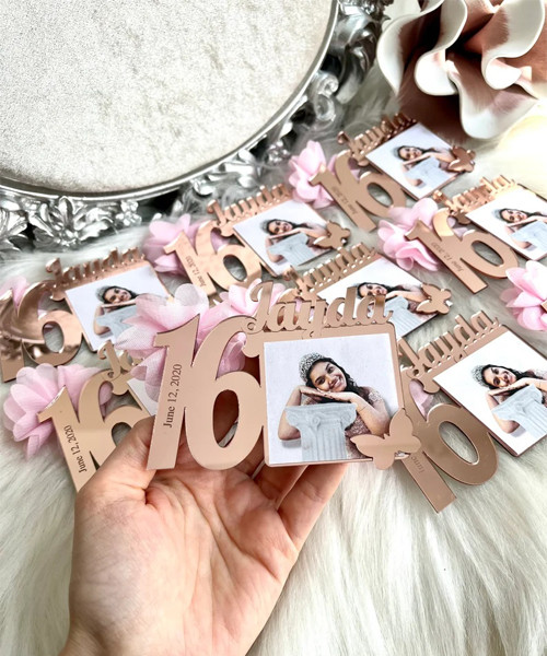 Custom Rose Gold Sweet 16 Photo Magnets