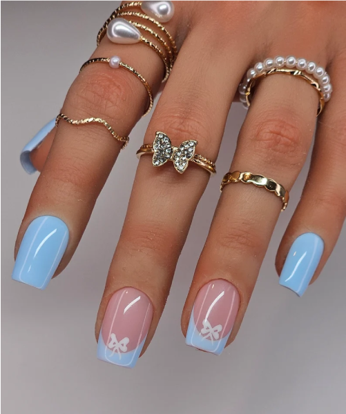 Baby Blue French With Bows Nails