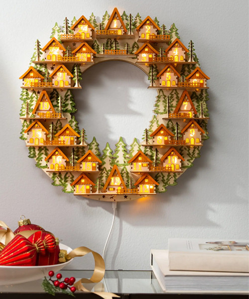 Lit Wooden Advent Wreath