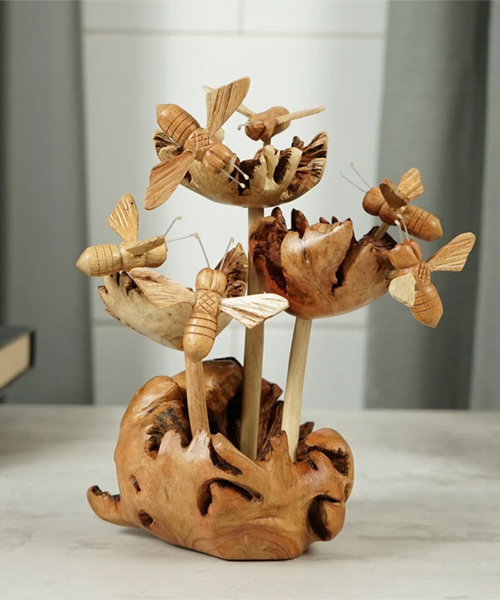 Wooden Bees on Flowers Sculpture